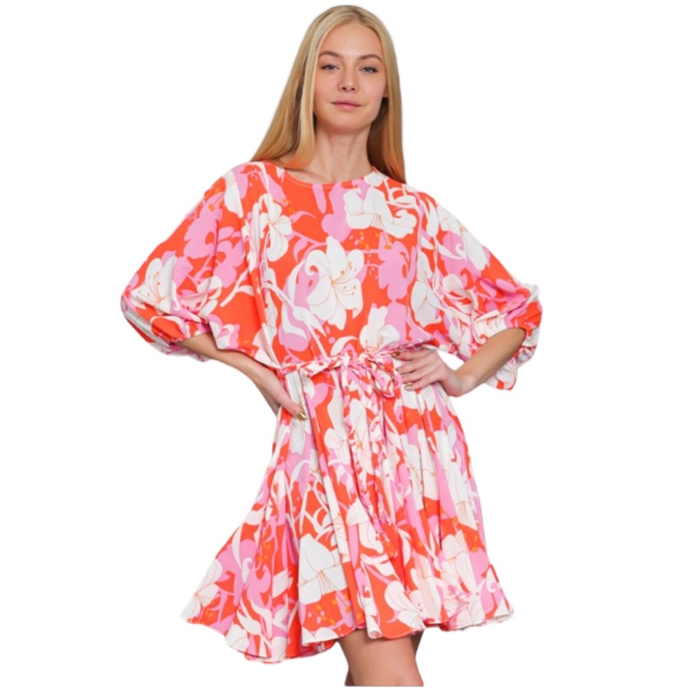Aakaa Coral Pink White Floral Tie-Waist Swing Dress